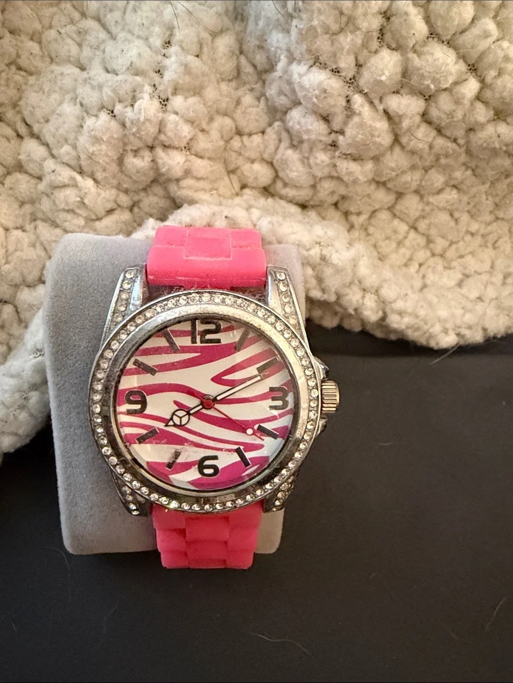 Pink Zebra Print Crystal Accent Silicone Watch